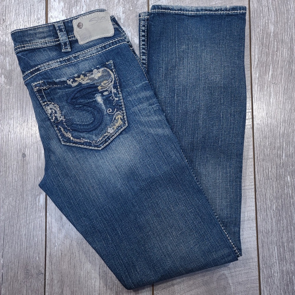Silver Jeans Tuesday Womens 30x33 Blue Distressed Low Rise Baby Bootcut Western